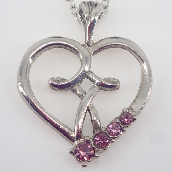 October Birthstones Heart & Cross Silver Pendant Necklace CAMCO Pink Rhinestone - Picture 1 of 6